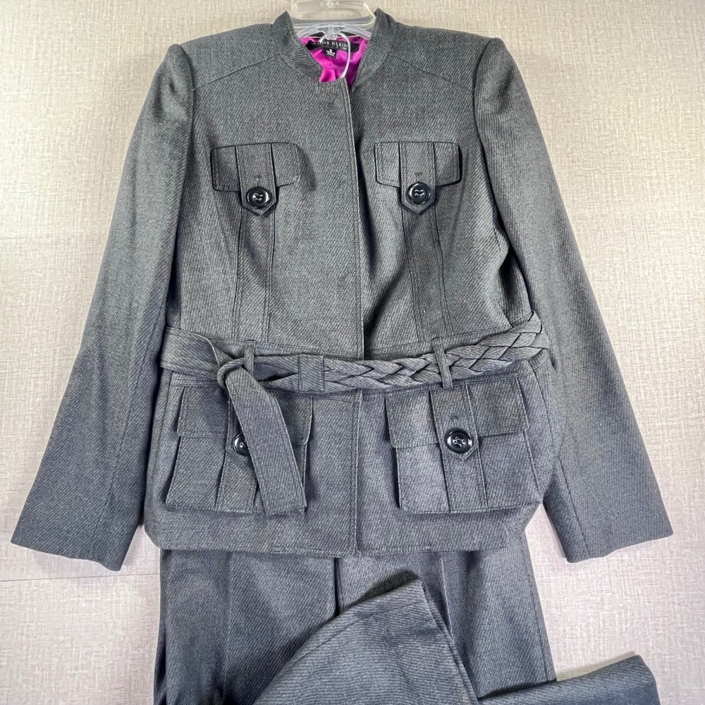 Anne Klein Suit Womens 8 Gray Pant Suit Braided Belt Mandarin Collar Size 8 Set